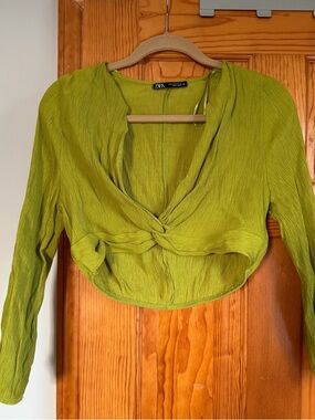 Zara Bright Lime Twist-Front Long-Sleeve Crop Top